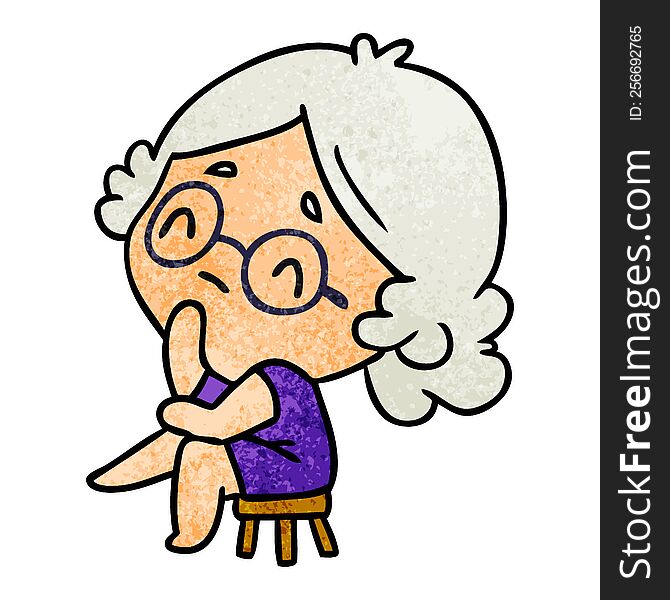 Textured Cartoon Of A Cute Kawaii Lady Thinking