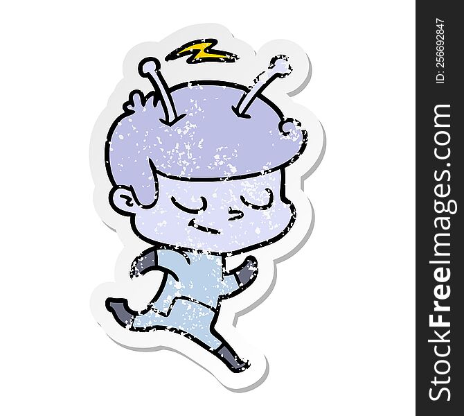 Distressed Sticker Of A Friendly Cartoon Spaceman Running