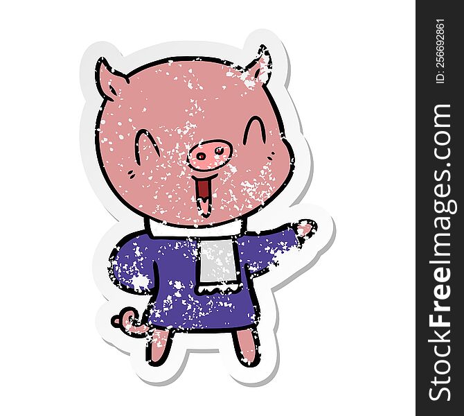 distressed sticker of a happy cartoon pig in winter clothes