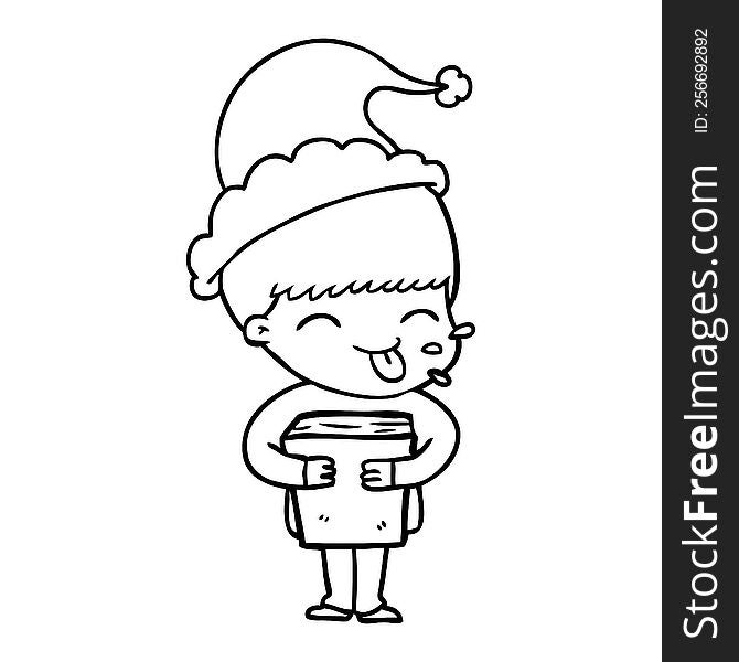 Line Drawing Of A Boy Wearing Santa Hat