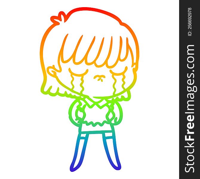 Rainbow Gradient Line Drawing Cartoon Woman Crying