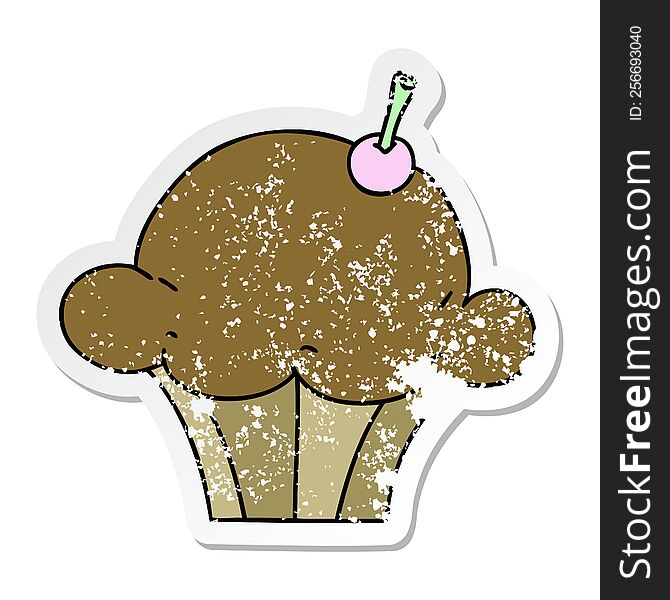 distressed sticker of a quirky hand drawn cartoon muffin