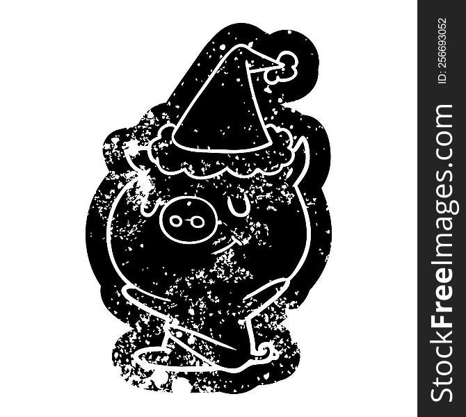 Happy Cartoon Distressed Icon Of A Pig Wearing Santa Hat
