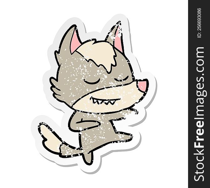 Distressed Sticker Of A Friendly Cartoon Wolf Dancer