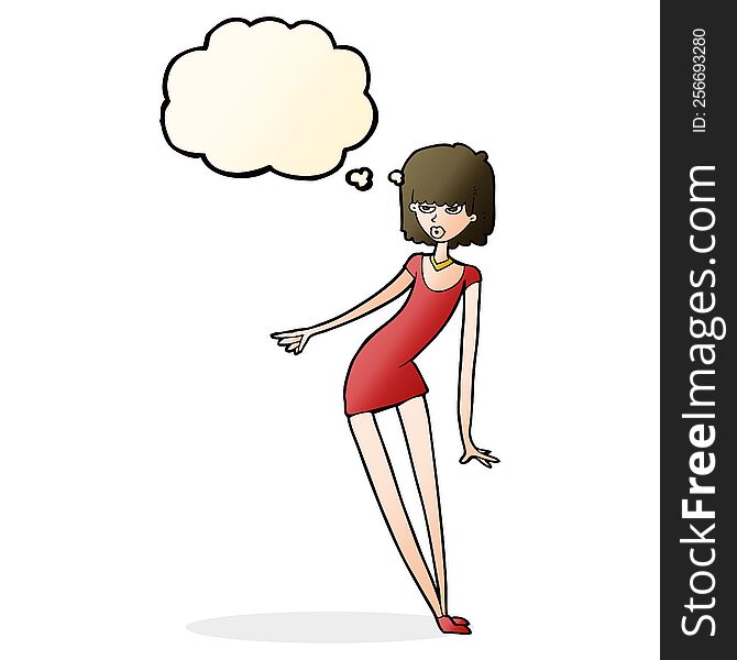 cartoon woman in dress leaning with thought bubble