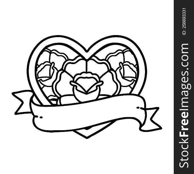 Black Line Tattoo Of A Heart And Banner With Flowers