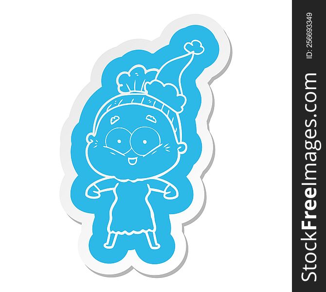 quirky cartoon  sticker of a happy old woman wearing santa hat