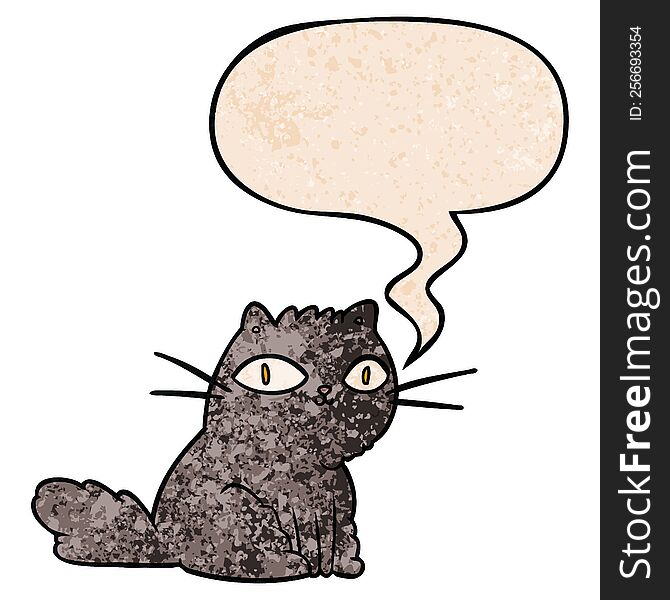 cartoon cat looking right at you and speech bubble in retro texture style