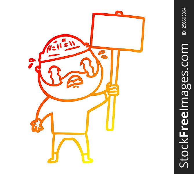 warm gradient line drawing of a cartoon bearded protester crying
