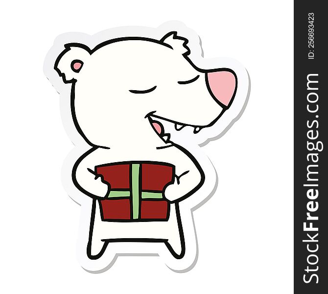 Sticker Of A Cartoon Polar Bear With Present