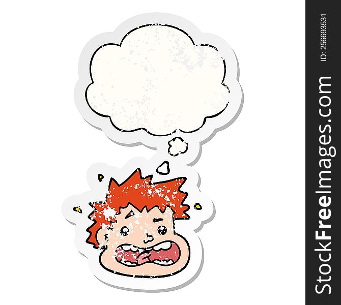 cartoon frightened face with thought bubble as a distressed worn sticker