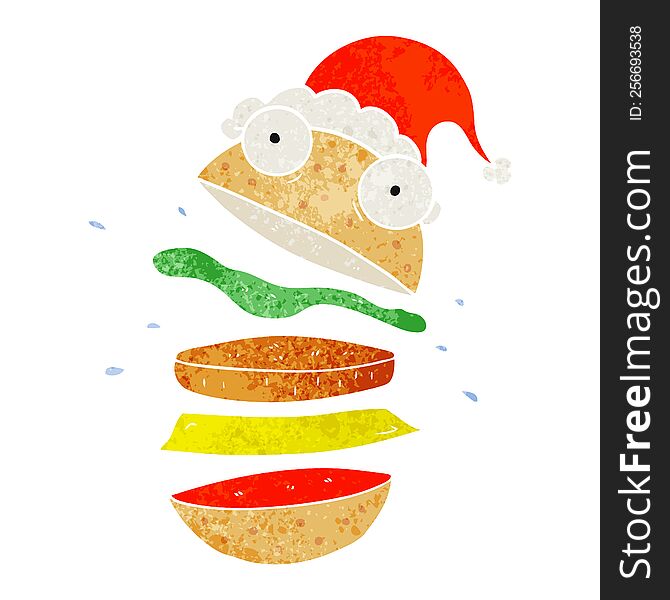hand drawn retro cartoon of a amazing burger wearing santa hat