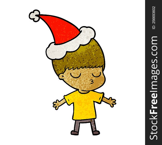 hand drawn textured cartoon of a calm boy wearing santa hat