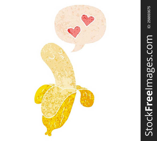 cartoon banana in love with speech bubble in grunge distressed retro textured style. cartoon banana in love with speech bubble in grunge distressed retro textured style