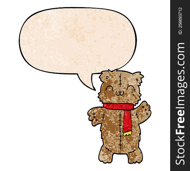 Cartoon Teddy Bear And Speech Bubble In Retro Texture Style