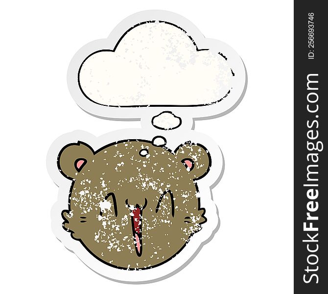 cute cartoon teddy bear face with thought bubble as a distressed worn sticker
