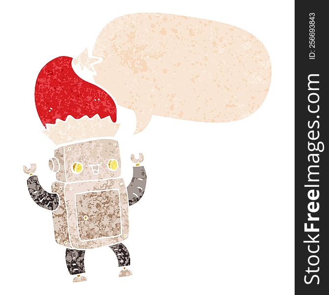 Cartoon Christmas Robot And Speech Bubble In Retro Textured Style