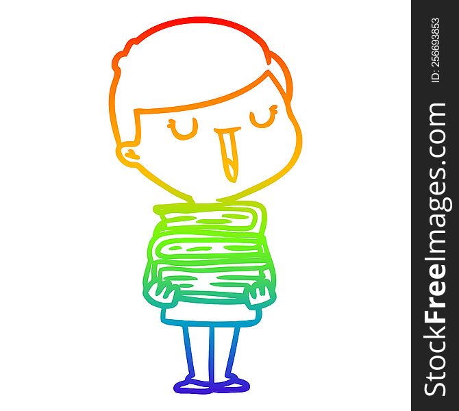 Rainbow Gradient Line Drawing Cartoon Happy Boy With Stack Of Books