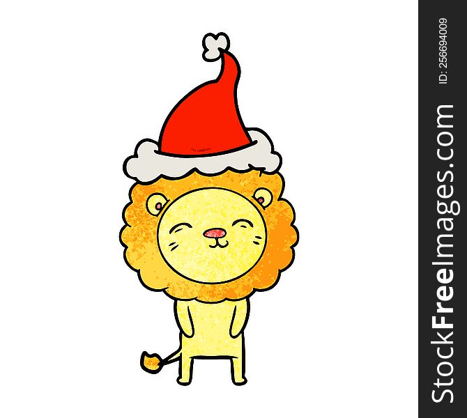 Textured Cartoon Of A Lion Wearing Santa Hat