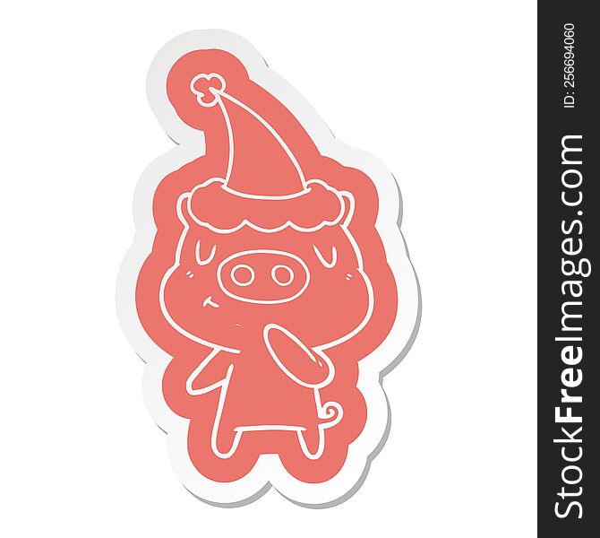 Cartoon  Sticker Of A Content Pig Wearing Santa Hat