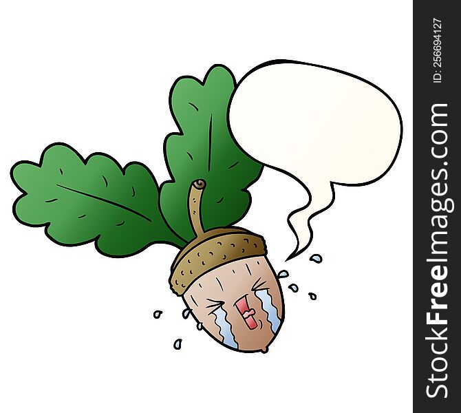 cartoon crying acorn with speech bubble in smooth gradient style