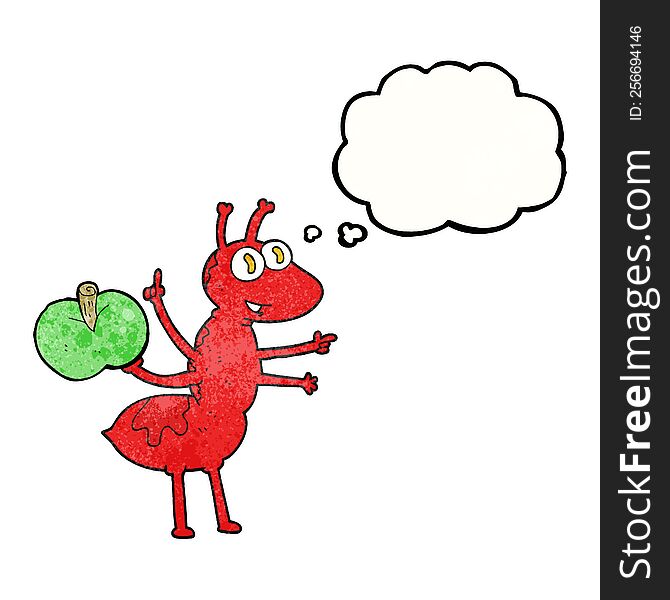 freehand drawn thought bubble textured cartoon ant with apple