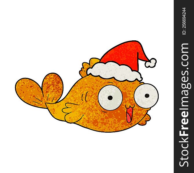 Happy Goldfish Textured Cartoon Of A Wearing Santa Hat