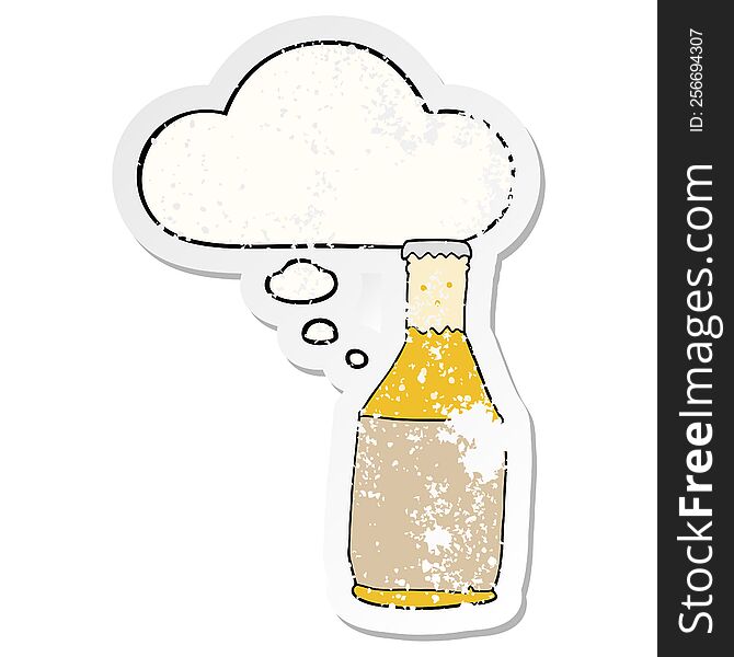 cartoon beer bottle with thought bubble as a distressed worn sticker