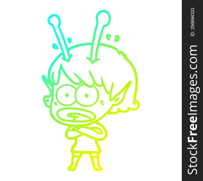 cold gradient line drawing of a cartoon shocked alien girl