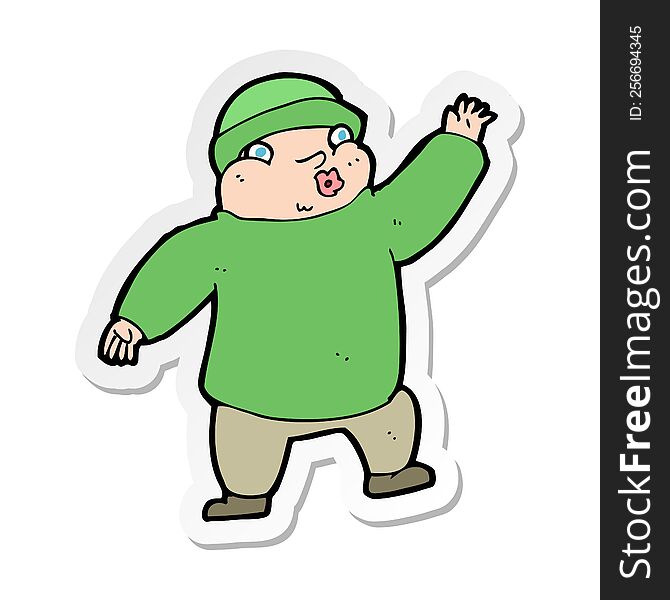 sticker of a cartoon man in hat waving