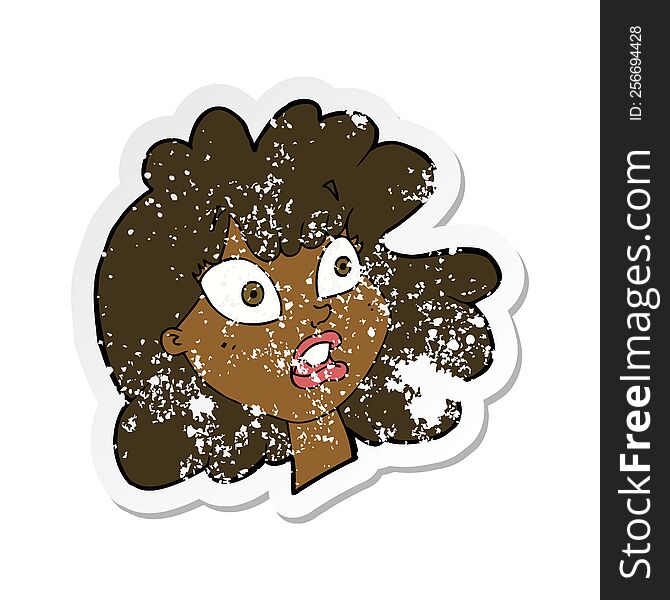 Retro Distressed Sticker Of A Cartoon Shocked Female Face