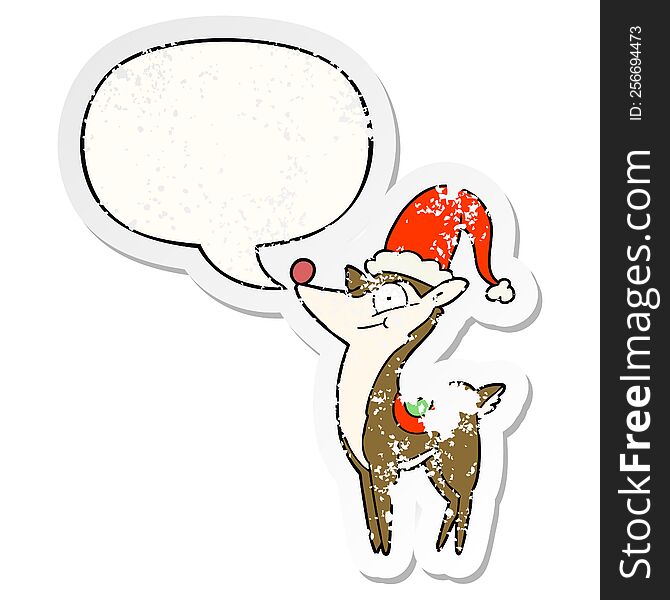cartoon christmas reindeer with speech bubble distressed distressed old sticker. cartoon christmas reindeer with speech bubble distressed distressed old sticker
