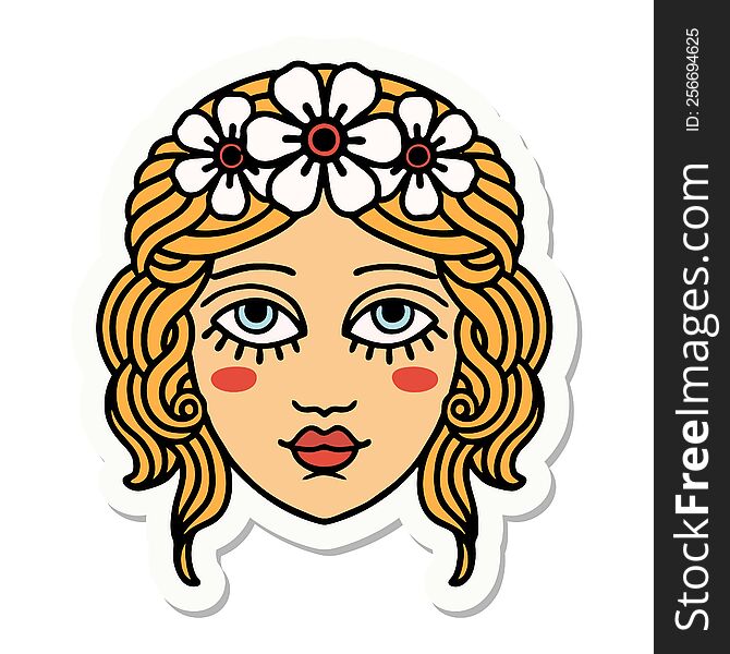 sticker of tattoo in traditional style of female face with crown of flowers. sticker of tattoo in traditional style of female face with crown of flowers