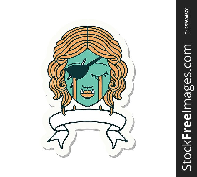 sticker of a crying orc rogue character face. sticker of a crying orc rogue character face