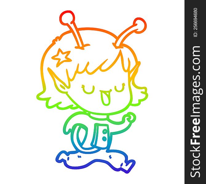 rainbow gradient line drawing happy alien girl cartoon