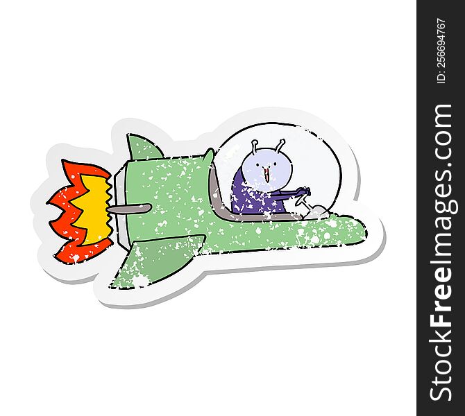distressed sticker of a cartoon alien in spaceship