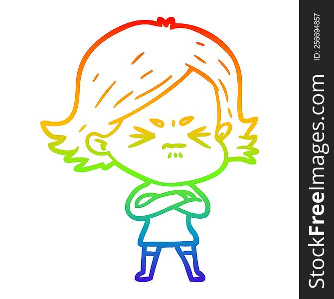 Rainbow Gradient Line Drawing Cartoon Angry Girl
