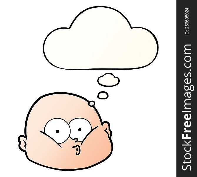 cartoon curious bald man with thought bubble in smooth gradient style