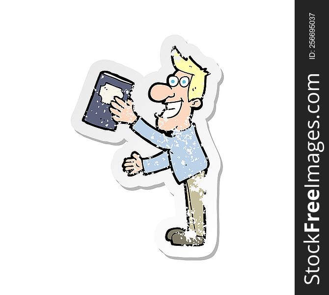Retro Distressed Sticker Of A Cartoon Man With Book