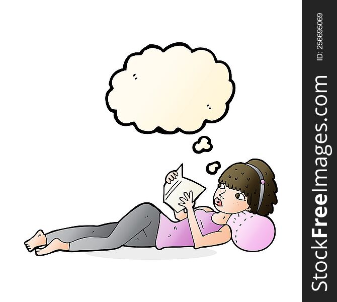 Cartoon Pretty Woman Reading Book With Thought Bubble