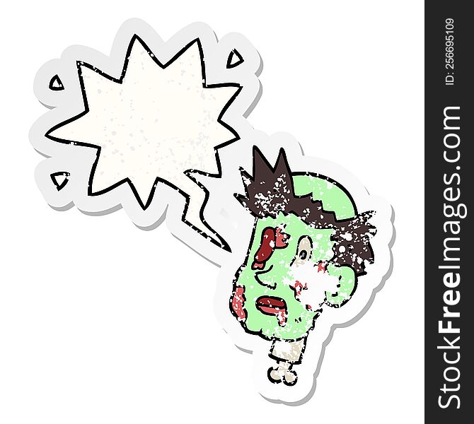 Cartoon Zombie Head And Speech Bubble Distressed Sticker
