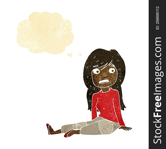 cartoon girl sitting on floor with thought bubble