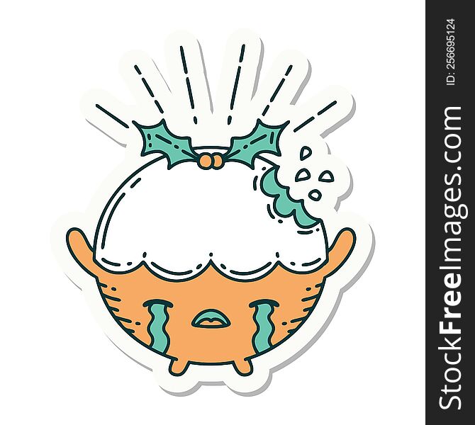 Sticker Of Tattoo Style Christmas Pudding Character Crying