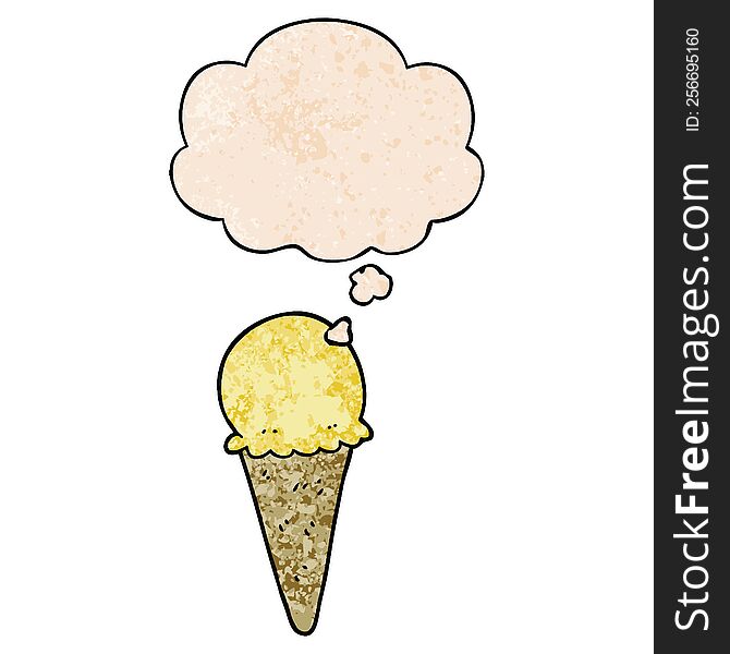 cartoon ice cream and thought bubble in grunge texture pattern style