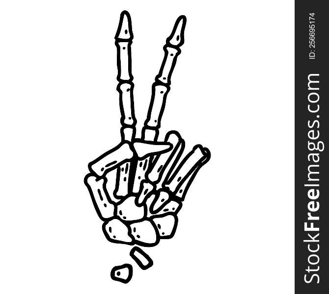 tattoo in black line style of a skeleton giving a peace sign. tattoo in black line style of a skeleton giving a peace sign