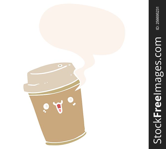 cartoon take out coffee with speech bubble in retro style