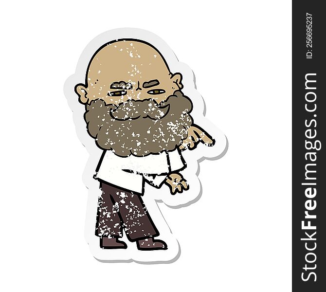 distressed sticker of a cartoon man with beard frowning and pointing