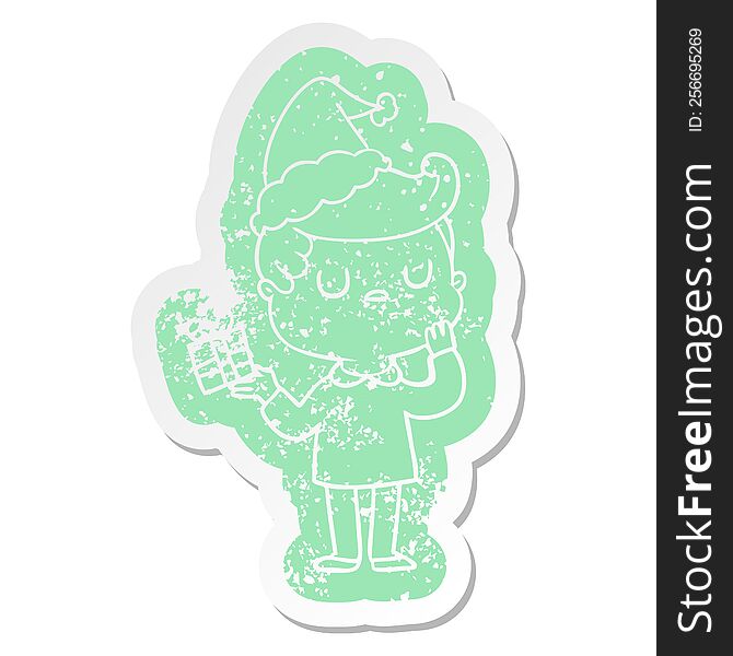 quirky cartoon distressed sticker of a man wondering wearing santa hat