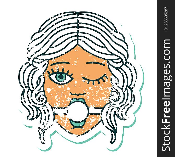 iconic distressed sticker tattoo style image of a winking female face wearing ball gag. iconic distressed sticker tattoo style image of a winking female face wearing ball gag