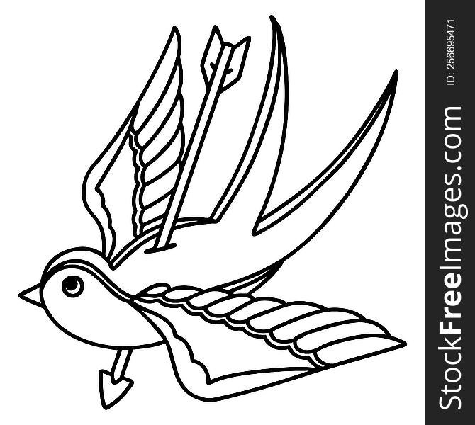 tattoo in black line style of a swallow pierced by arrow. tattoo in black line style of a swallow pierced by arrow